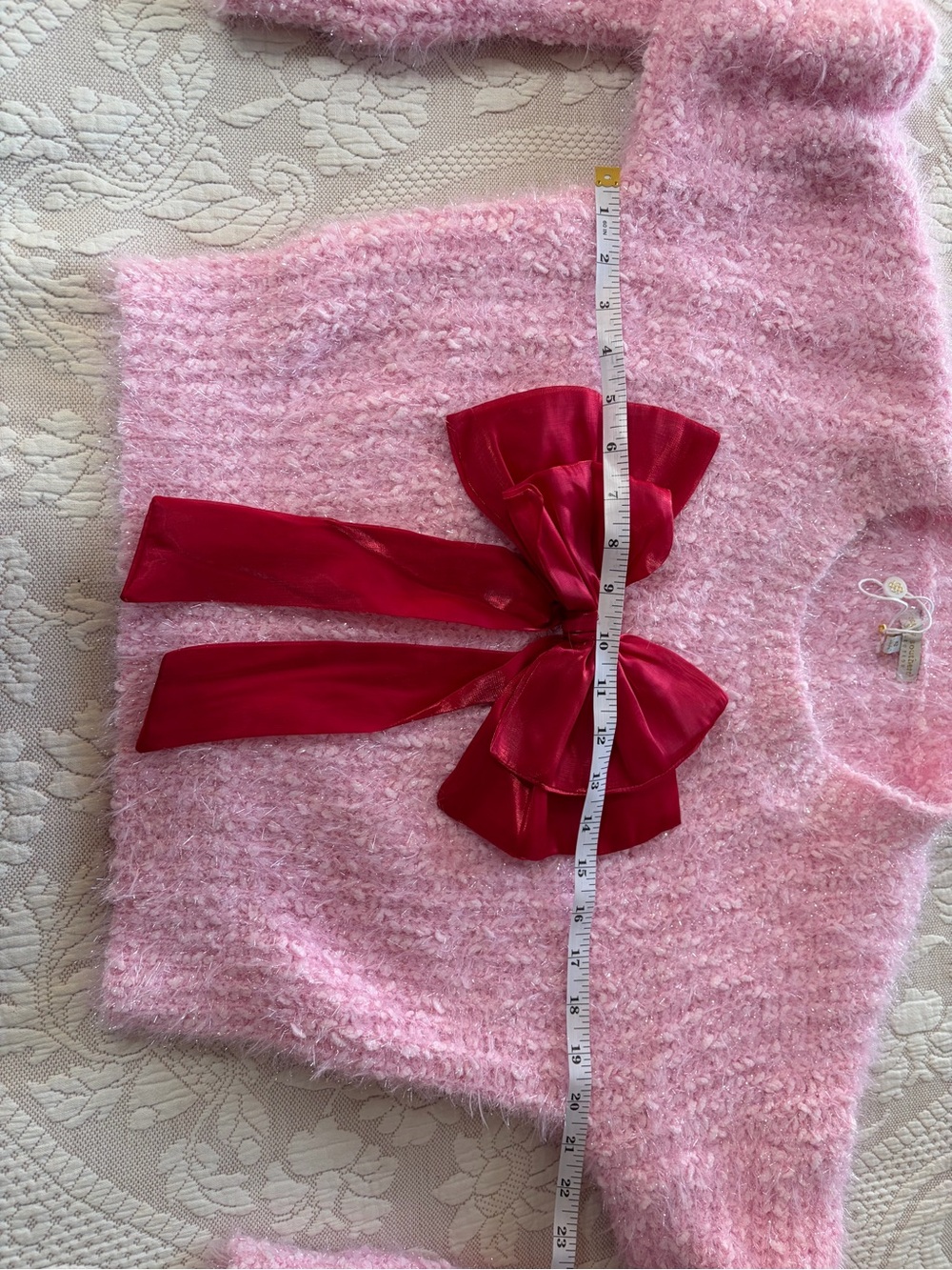 NWT Simply Southern SmallCozy Pink Fuzzy Sweater with Red Bow Accent cropped - Picture 2 of 5